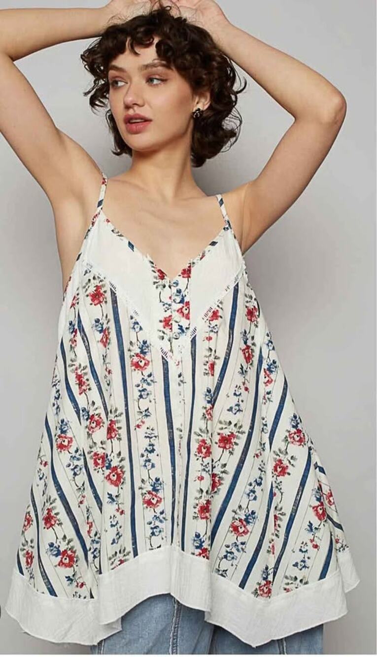 POL Floral Tank Top Small Oversized V Neck Spaghetti Strap Flowy Cami Boho New